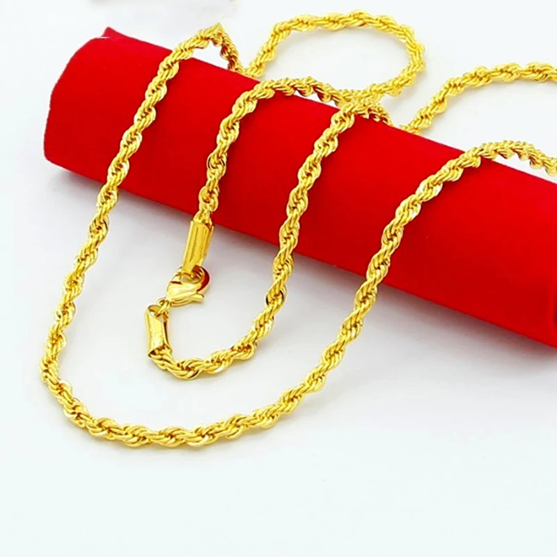 

Hip Hop 24K Gold Necklace 3MM Twisted Rope Twist Electroplating Gold Necklace for Men Women Wedding Jewelry Gifts