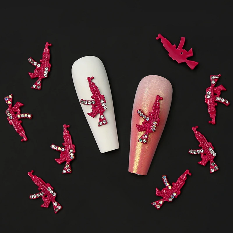 10PCS Hot Pink 3D Alloy Nail Art Gun Charms Accessories Arms Firearms Design Manicure Decor Nails Decoration Supplies Parts