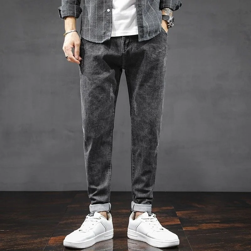 Джинсы мужские узкие джинсовые модные брюки в Корейском стиле для отдыха с