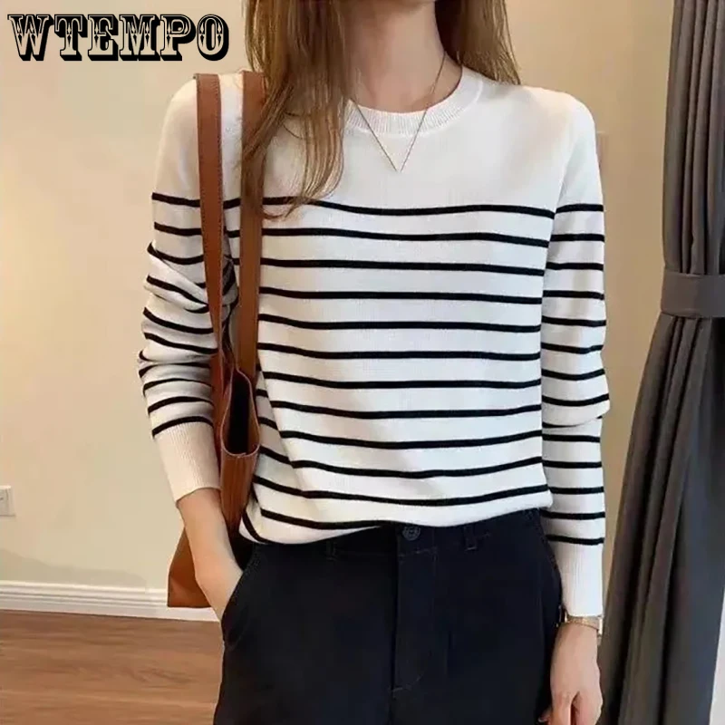 

WTEMPO Black and White Striped Knitted Bottoming Pullovers Women Spring Fall Loose Long Sleeve Versatile Sweaters Drop Shipping