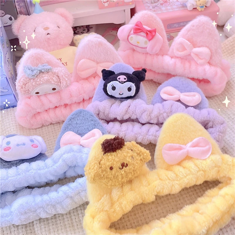 

Cartoon Cute Bow Cat Ears Kuromi MyMelody Cinnamoroll Kitty Plush Doll Face Wash Hair Band Girl Face Mask Selling Cute Headband