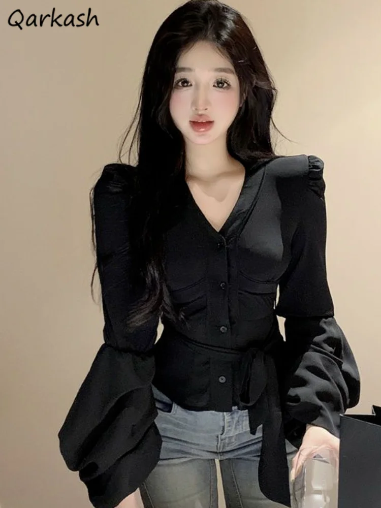 

Рубашка Женская Офисная с V-образным вырезом, элегантная приталенная элегантная винтажная уличная одежда, модная эстетичная Повседневная универсальная простая, весна