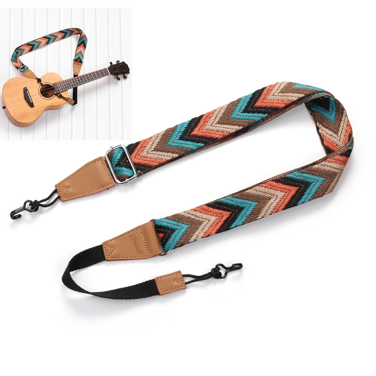 Hawaiian Jacquard Style Ukulele Strap Genuine Leather Ends Nail Free Double J Hook Adjustable Ukelele Guitar Belt