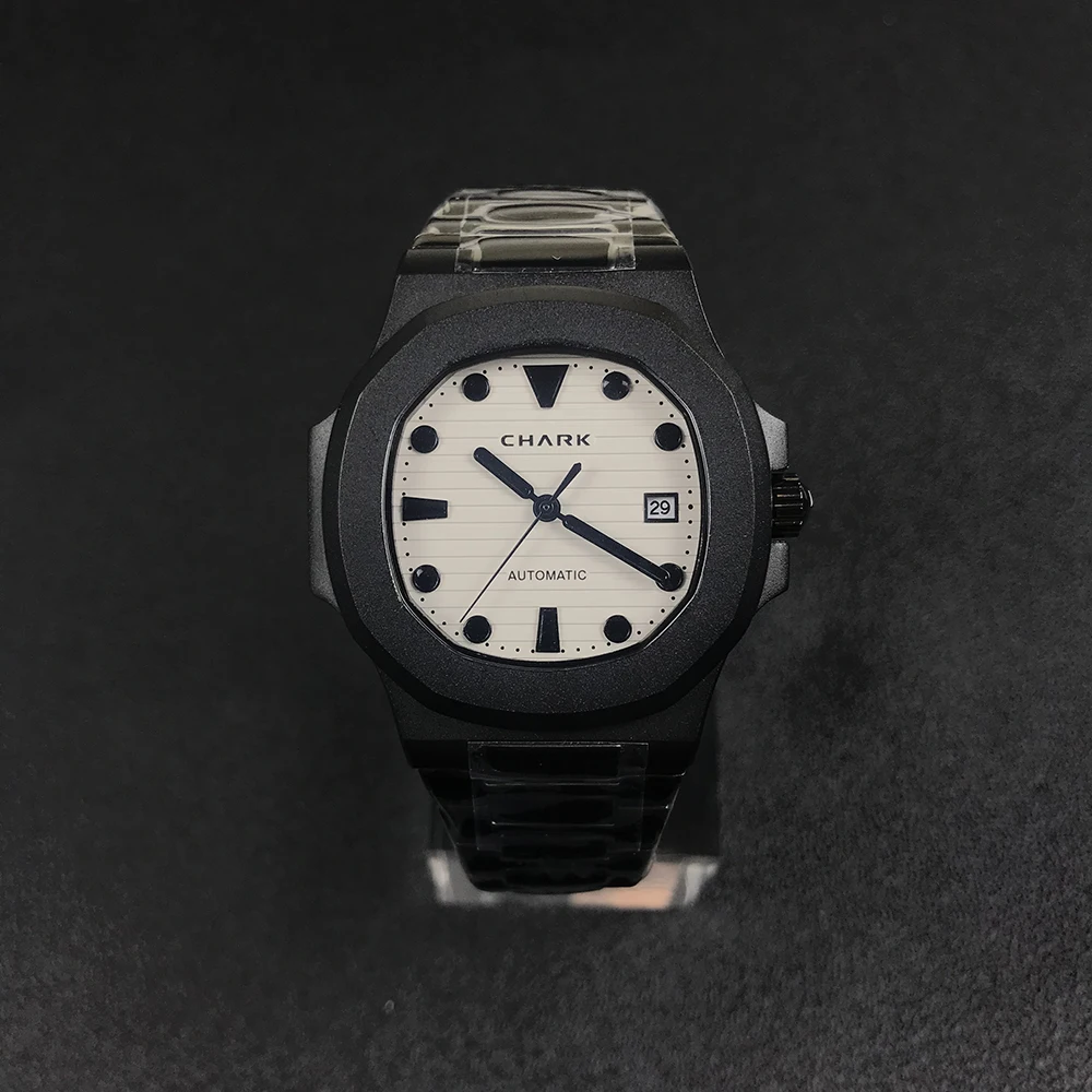 

CHARK Brand Mens Watch Full Black White Dial Sapphire Glass Luminous Automatic Mechanical Movement Waterproof Male Wristwatches