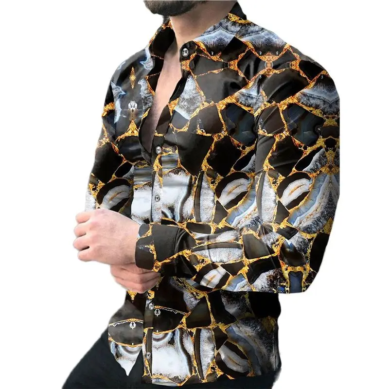 

2023 Luxury Social Men Shirts Turn-down Collar Buttoned Shirt Casual Baroque Print Long Sleeve Tops Mens Clothes Prom Cardigan