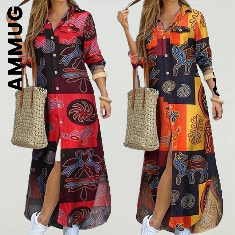 

Ammug Women New Dress Printed Long Sleeve Shirt Dress Loose Maxi Shirt Dress Simple Women Clothing Female Vestidos