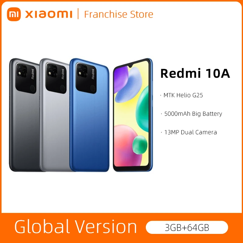 Original Global Version Xiaomi Redmi 10A 3GB 64GB Smartphone 5000mAh 6.53&quot Large Display MTK Helio G25 Octa Core 13MP Camera |