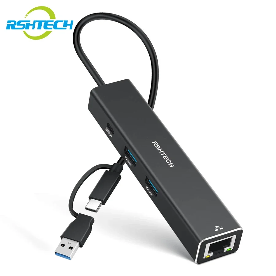 

RSHTECH ST310 USB to Ethernet Adapter 10Gbps USB Hub with RJ45 Gigabit Ethernet Type C LAN Network Adapter Splitter for Laptop