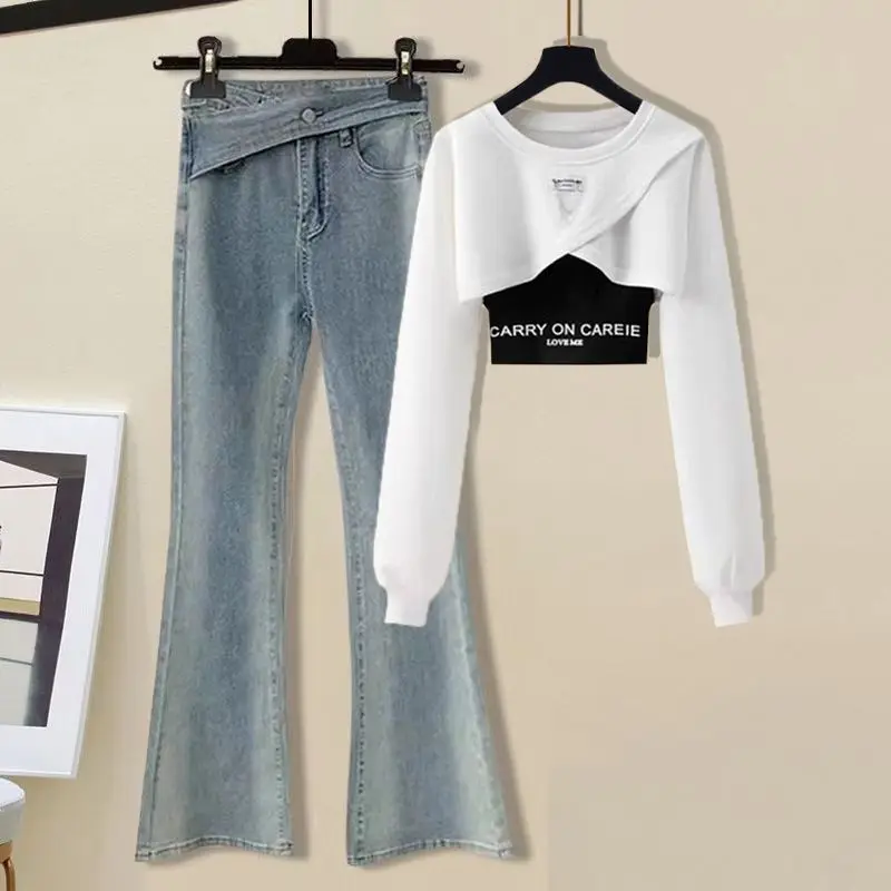 2023 New Spring/Summer Fashion Set Spliced Jeans Sexy Strap Versatile Design Short Tops Three Piece Set Fashion