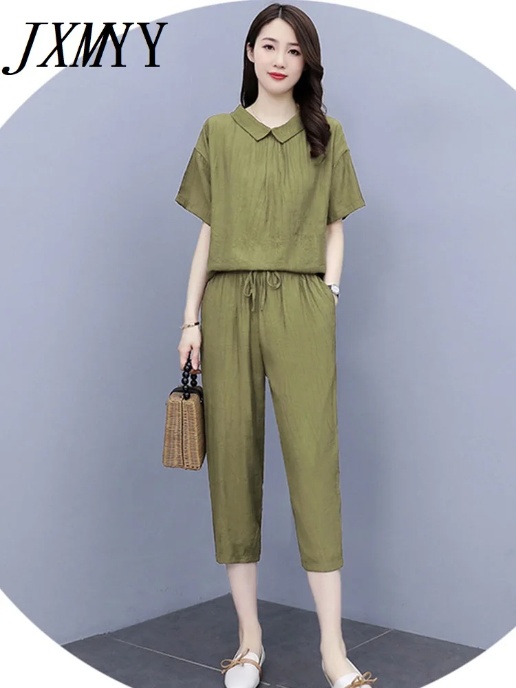 

JXMYY Summer Fashion Casual Simple Suit Women's New 2022 Loose Top Temperament Two-Piece Nine-Point Pants Small Fresh