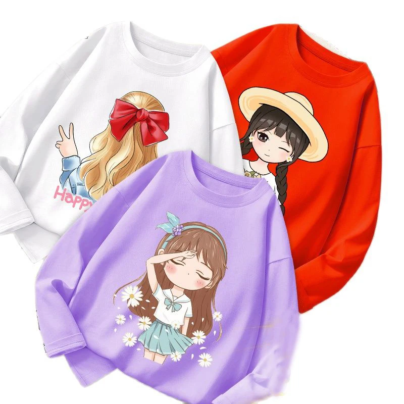 

3Piece Kids Girls T-shirts Spring Children Long Sleeve Tops Cartoon Pretty Girl Print Tshirt for Teenage Cotton Pullover Clothes