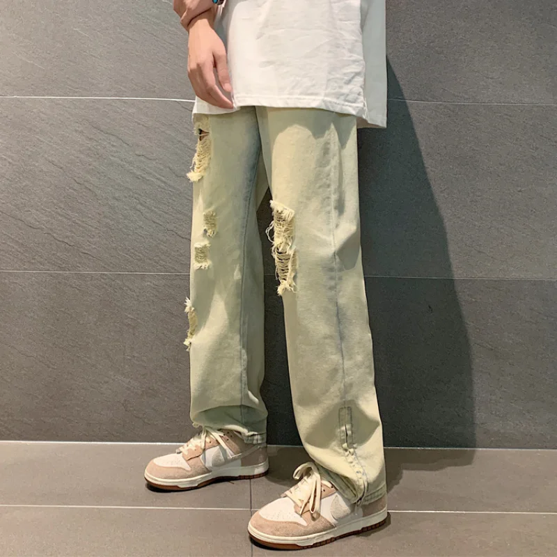 DEEPTOWN Ripped Zipper Jeans Men Hole Straight Denim Pants Vintage Loose Casual Trouers Male Streetwear Hip Hop Fashion Spring