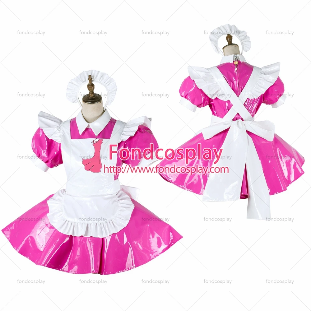 

adult sexy cross dressing sissy maid lockable hot pink heavy PVC dress vinyl Uniform white apron Tailor-made[G2008]
