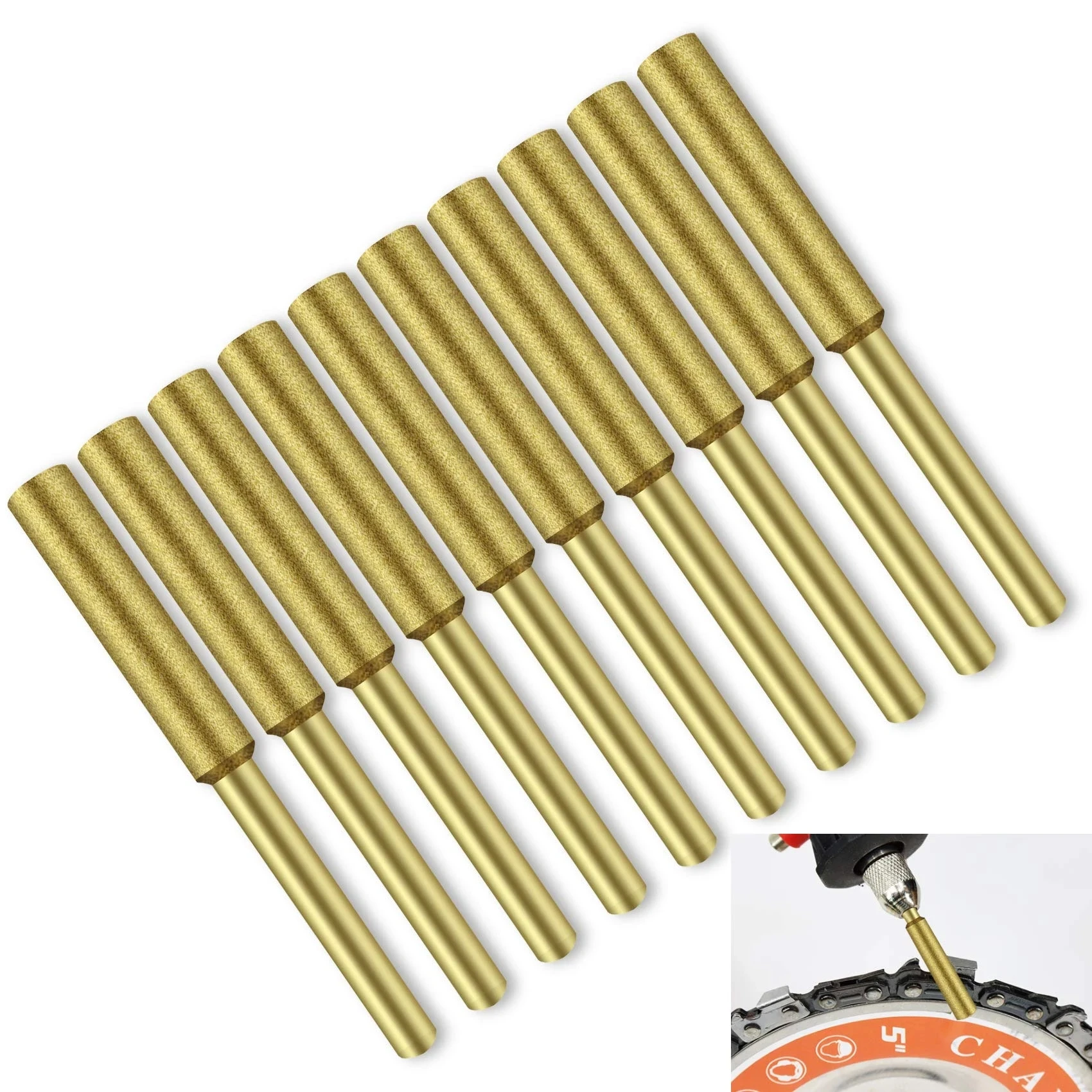 6PC Gold Diamond Coated Cylindrical Burr 4mm 4.8mm 5mm Chainsaw Sharpener Stone File Chain Saw Sharpening Carving Grinding Tool