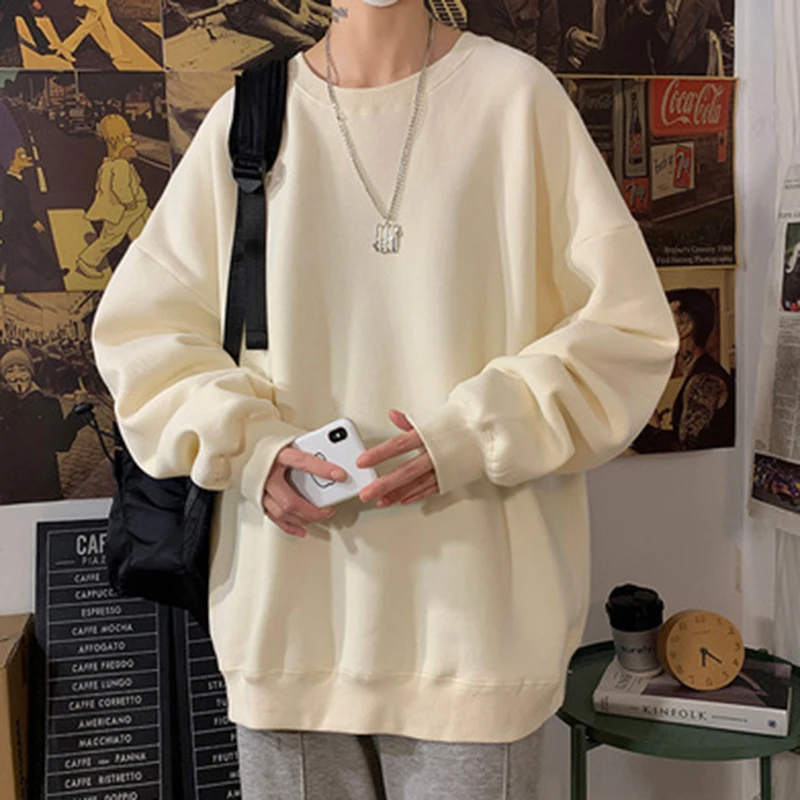 

Harajuku Sweatshirts Men 2022 Autumn Fashion Solid Color O Neck Oversized Pullover Korean Hip Hop Long Sleeve Basic MG006