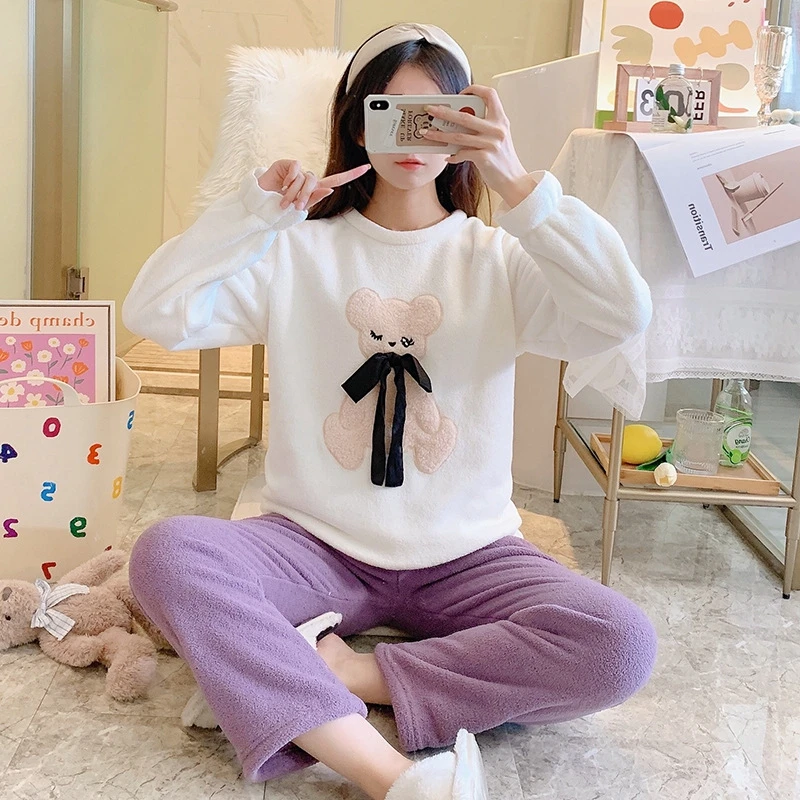 

Новинка зимняя женская пижама бархатная Пижама для снежной девочки с милым мультяшным медведем и бантом Женский комплект из двух предметов