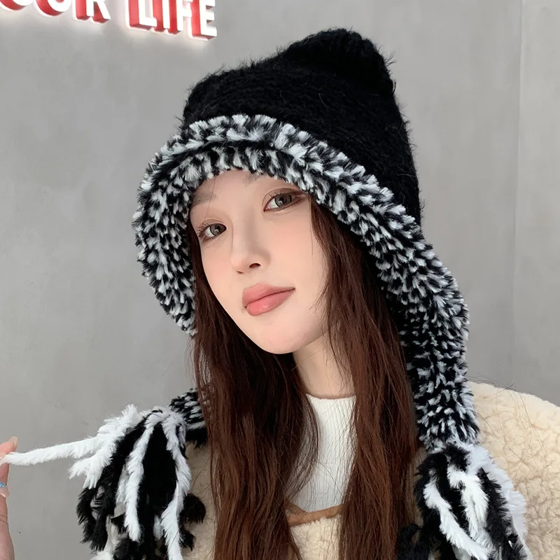 Осень и зима Новая плюшевая вязаная шапка с кошачьими ушками двойным хвостом.
