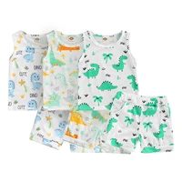 toddler kids baby girls boys clothing summer cotton outfits sleeveless round neck cartoon vest pocket dinosaur print shorts