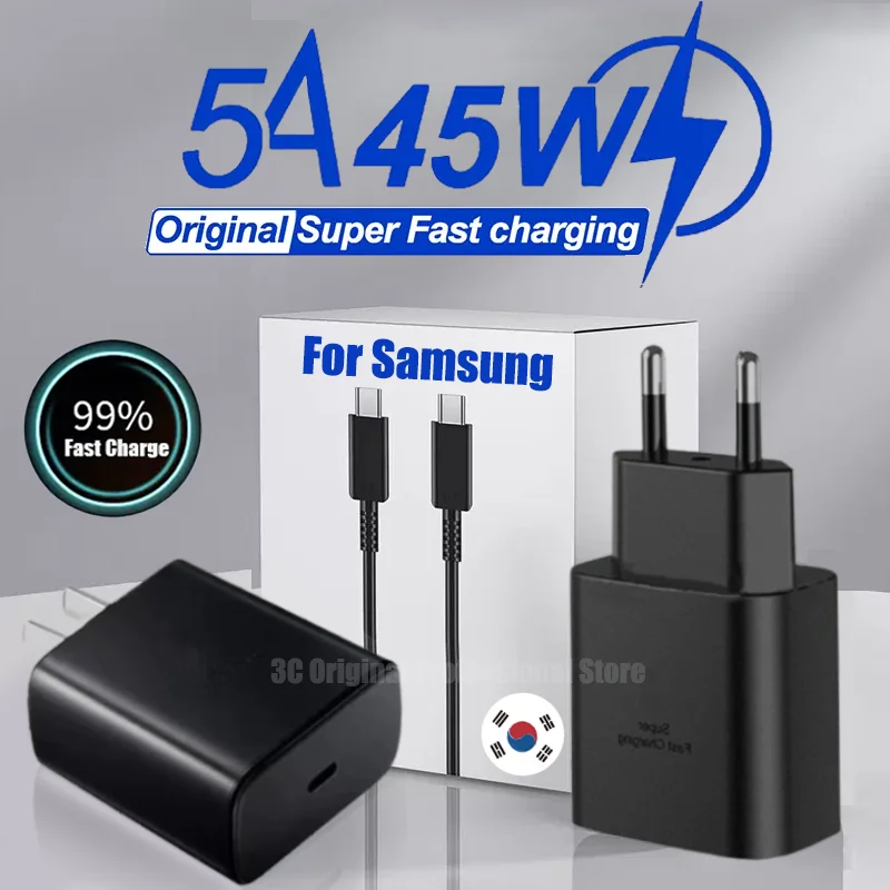 

Оригинальное быстрое зарядное устройство PD 45 Вт для Samsung Galaxy S23 S22 S21 Ultra Note 10 + 20 A54 A53 USB Type C, кабель для быстрой зарядки