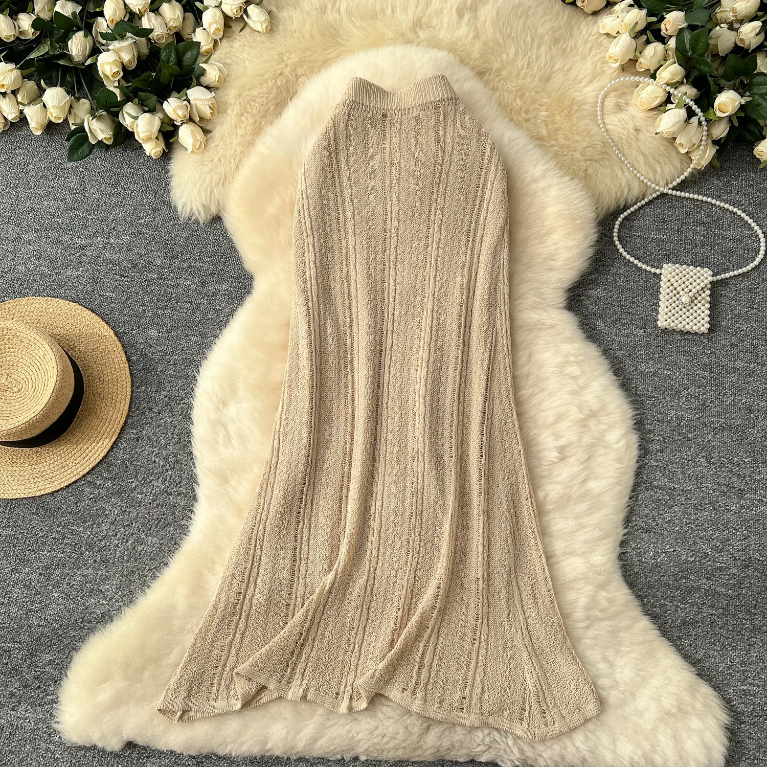 Базовая вязаная винтажная модная длинная юбка трапециевидной формы с высокой