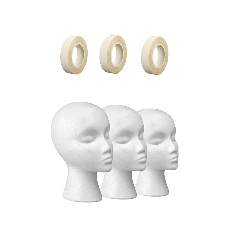 

3X Wig Head - Tall Female Foam Mannequin Wig Stand & 3Pcs New Roll Salon Sticky Long Lasting Hair Extension Tape