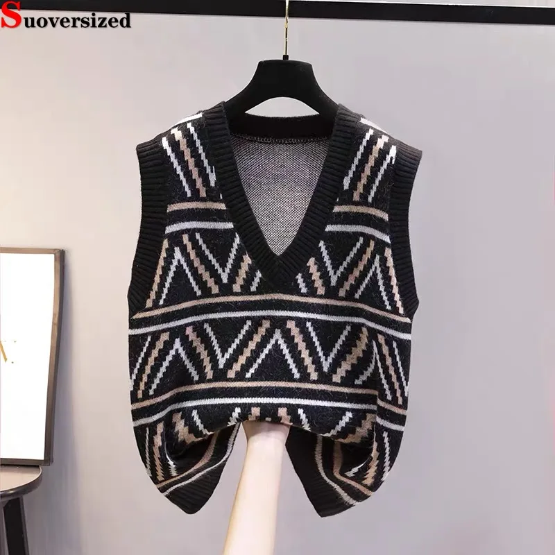 

Women Casual Print Knitted Sleeveless Pullover Korean Fall Winter 2022 Knitwear Waistcoats V-neck Jacquard Sweater Vests Tops