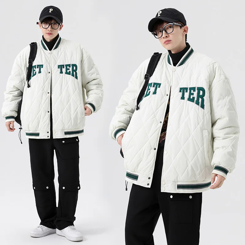 Winter fashion padded warm couple cotton Jacket Men's loose lambswool cotton letter embroidery Jacket Men's Clothing Parkas