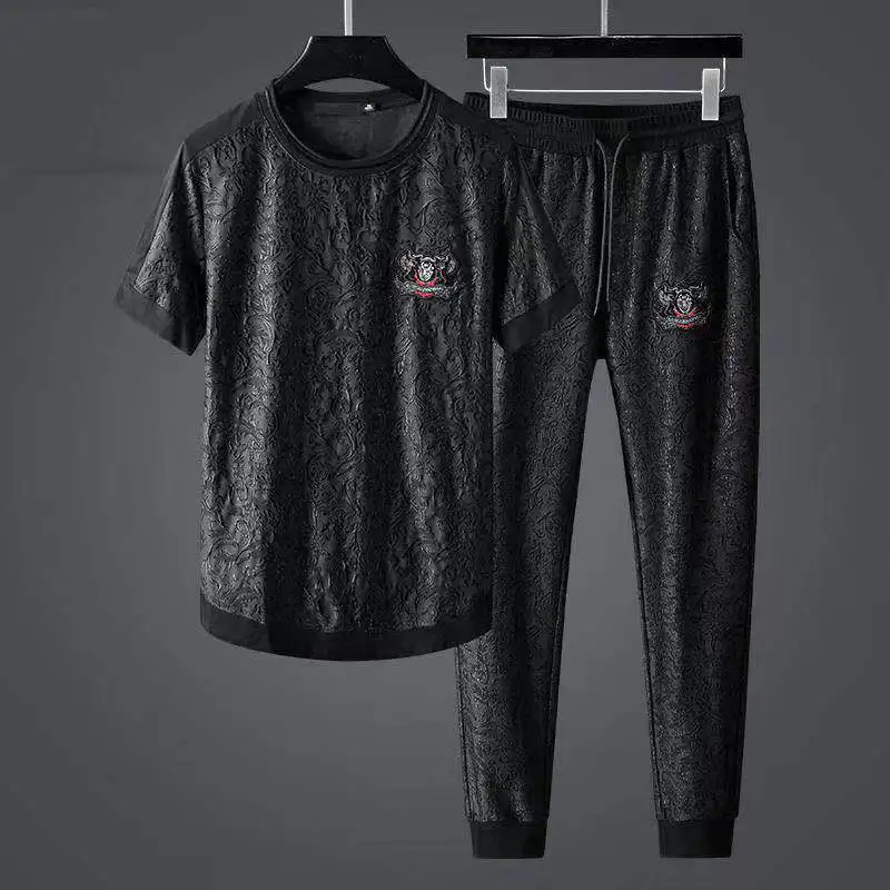 

Костюм жаккардовый мужской спортивный, повседневный большой индивидуальный комплект из 2 предметов, штаны в Корейском стиле, лето