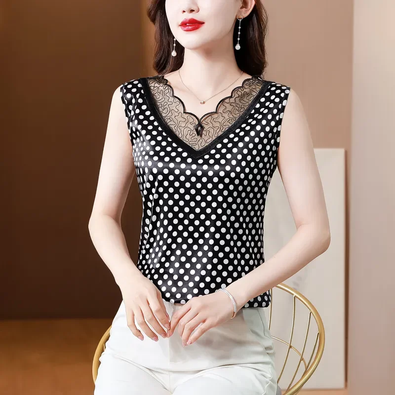 

Fashion Woman Elegant Satin Shirts and Blouses 2023 Summer Sleeveless Youth Silk Top Polka Dot T-shirt Blusas Para Mujer 25215