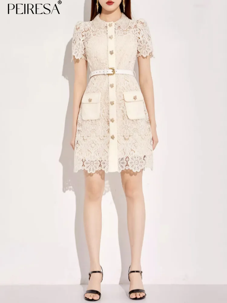 

Женское дизайнерское кружевное платье-рубашка PEIRESA, однобортное короткое платье с отложным воротником и пышными рукавами, лето 2023