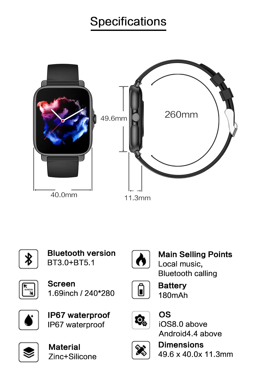 GT30 Smart Watch 1.69 Inch Ultra-thin Square Screen Bluetooth Call Waterproof Long Standby Smartwatch Heart Rate Sport Watches