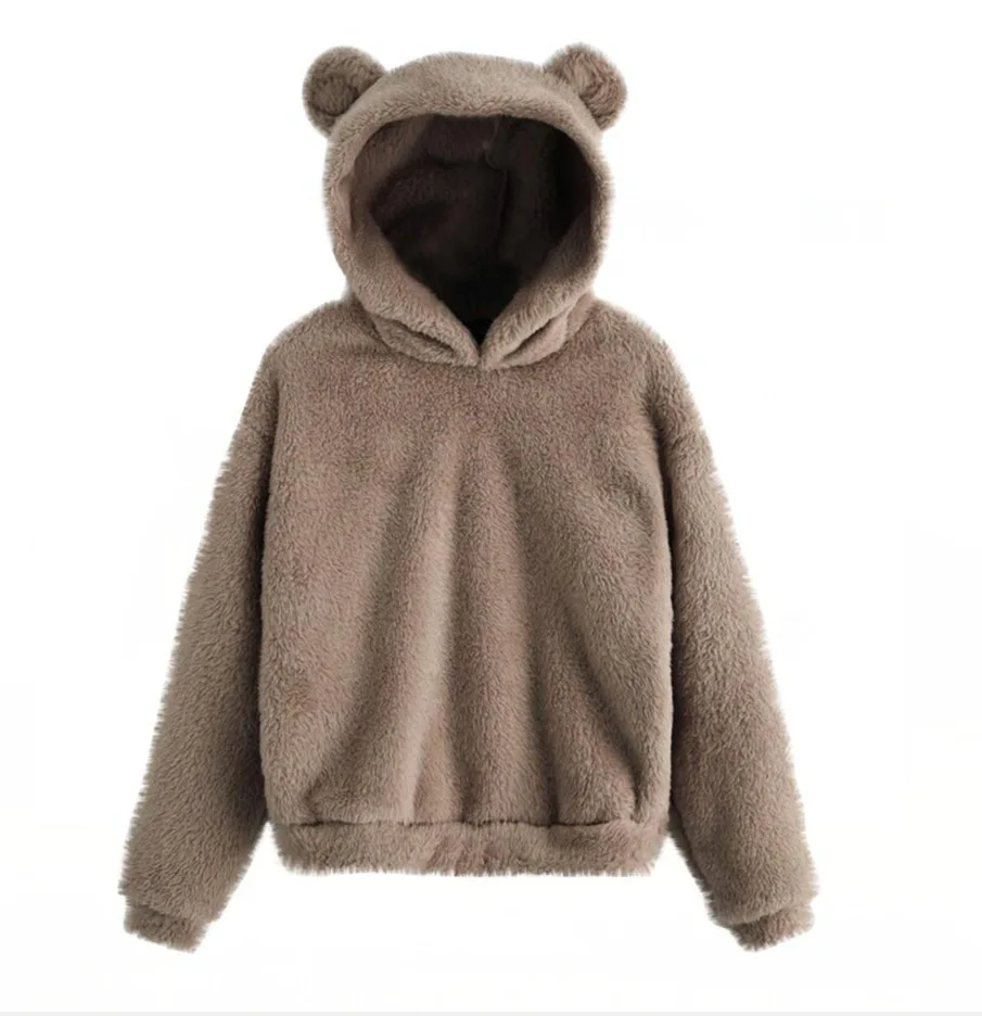 Fluffy hoodies Women kawaii Sweatshirt cute bear ear cap Autumn Winter Warm pullover Long Sleeve outwear Fleece coat moletom new