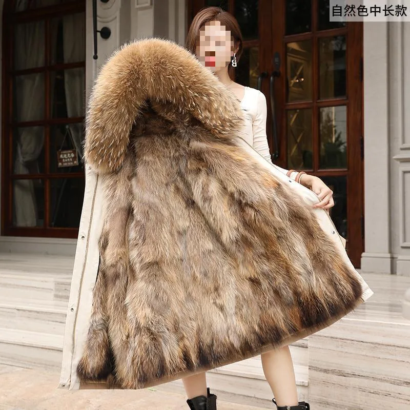 Lady warm winter coat natural raccoon fur collar noble and smart luckyParkaLighter and warmer than rabbit hair