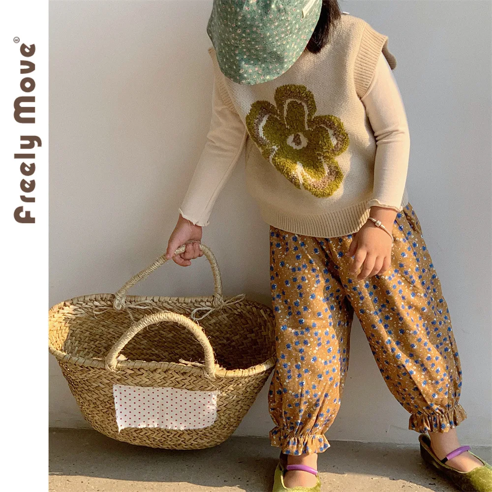 

Детская одежда свободного передвижения, Модный комплект детской одежды, осенний комплект из 2 предметов для маленьких девочек, Однотонная рубашка, вязаный жилет, штаны с цветочным принтом