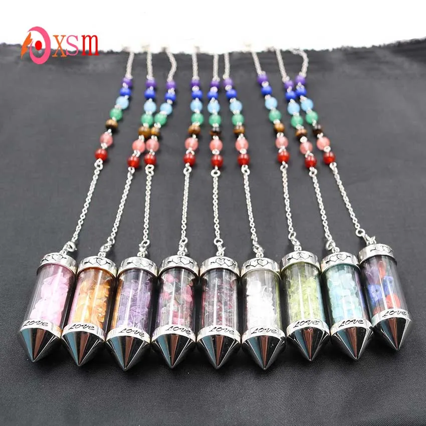 

Оптовая продажа, 10 шт., натуральные измельченные камни, пожелание в бутылке, подвеска в виде пирамиды, маятник, 7 бусин чакр, цепочка, амулет р...