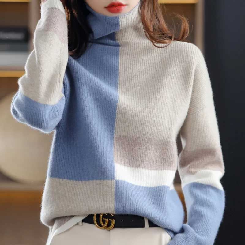 

BELIARST New Cashmere Sweater Women's High-Neck Color Matching 100% Pure Wool Pullover Fashion Warm Knitted Bottoming Shir