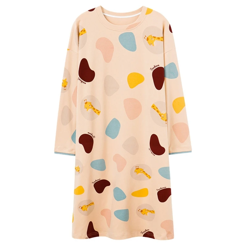 

2022 Women Long Sleeve O-Neck Nightgown Cartoon Colorblock Giraffe Animal Print Nightdress Loose Lounge Sleepwear with Pocket