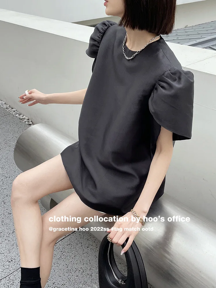 

Pearlescent Matte Textured Silhouette Ruffled Flower Bud Sleeves Loose and Lazy Slouchy Shirt Women