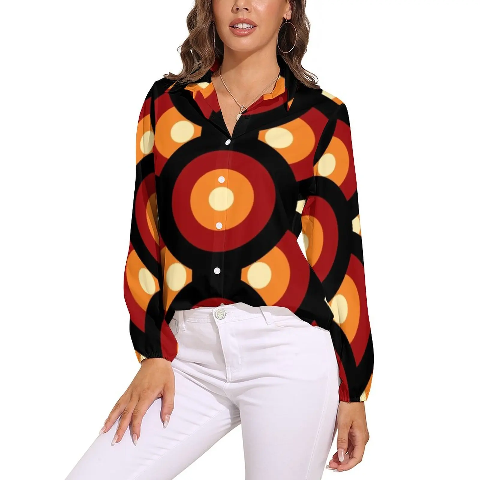 

Vintage Mid-Century Blouse 60s 70s Style Cute Pattern Blouses Female Streetwear Shirt Autumn Long Sleeve Oversize Tops