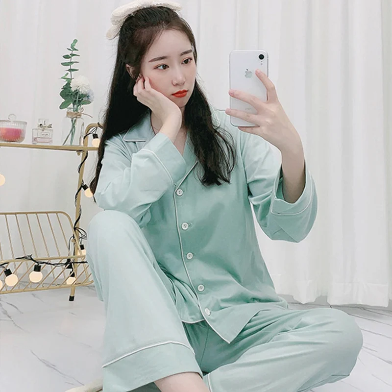 

Новый стиль, пижама, Женская Хлопковая пижама на весну и осень, Кардиган с длинным рукавом, Корейская версия, простая Домашняя одежда, из дву...