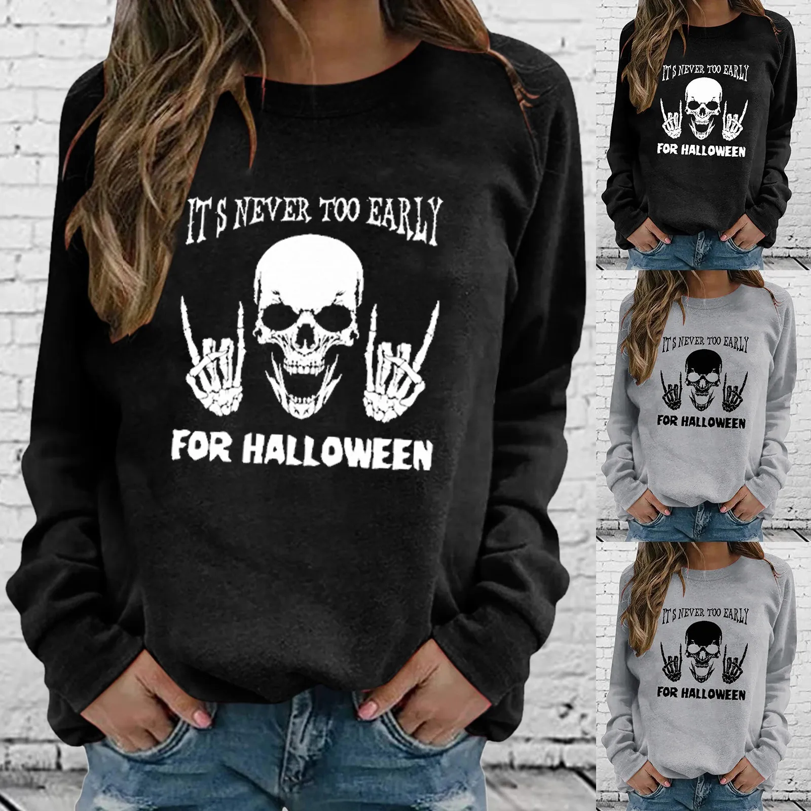 

Outdoor Apparel Halloween Womens Casual Long Sleeve Crew Neck Skeleton Printed Hoodless Pullover Sweatshirt Ladies Light Jackets