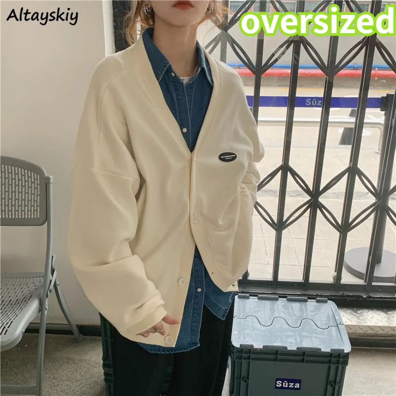 

Женские базовые куртки с V-образным вырезом и длинным рукавом, Лидер продаж, свободные топы на пуговицах для студентов, универсальная Повсед...