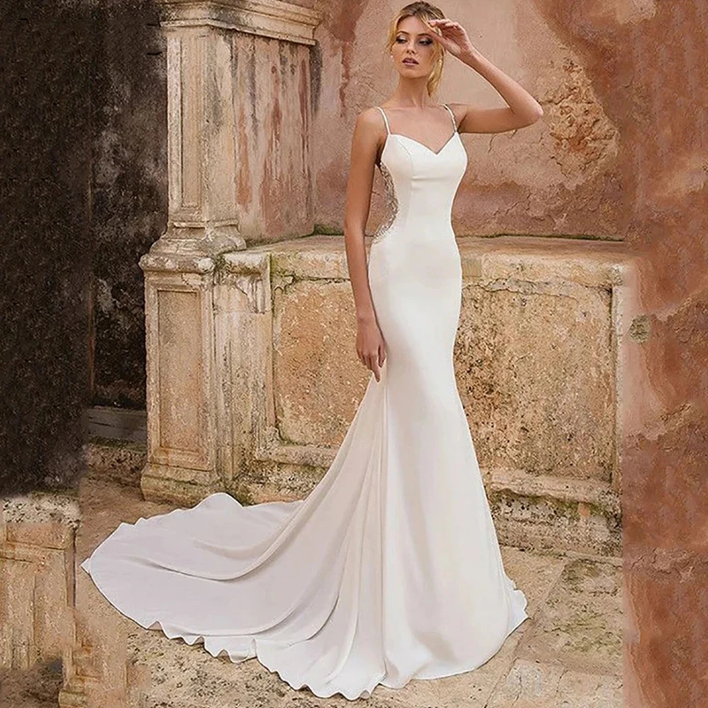 

Beautiful Simple Wedding Dresses Mermaid 2023 Spaghetti Strap Lace Appliques Sexy V-Neck Backless Bridal Gowns Custom Made
