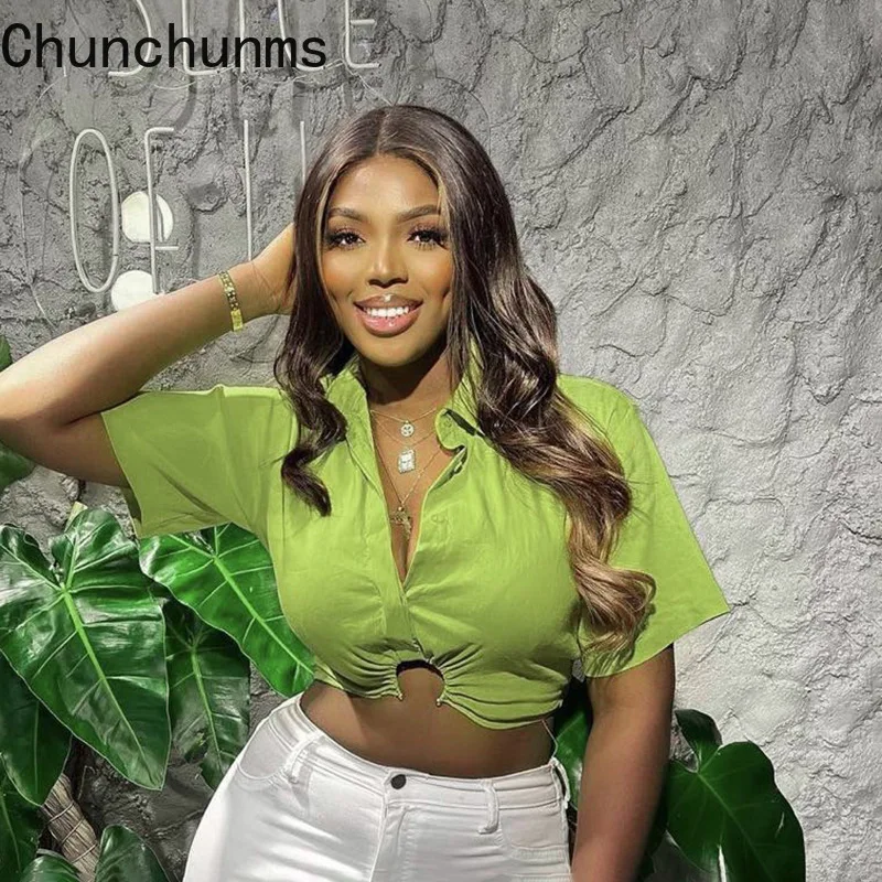 

Women's 2022 Summer Solid Lapel Crop T-shirt Pullover Short Sleeve Blouse Casual Sexy Office OL Tee Tops Y2K Workwear Clothing