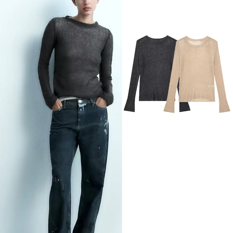 

Женский ажурный топ с длинным рукавом, повседневный трикотажный топ в уличном стиле, осень 2023