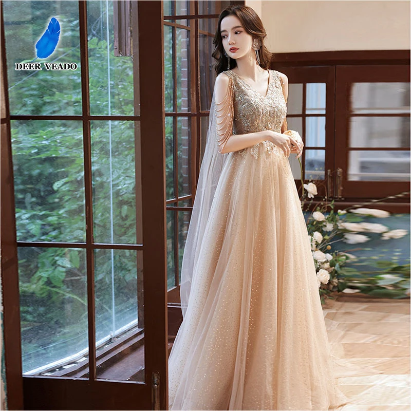 

DEERVEADO Elegant A Line V Neck Evening Dress Long Women's Formal Occasion Party Maxi Dress Long Beading Prom Gown