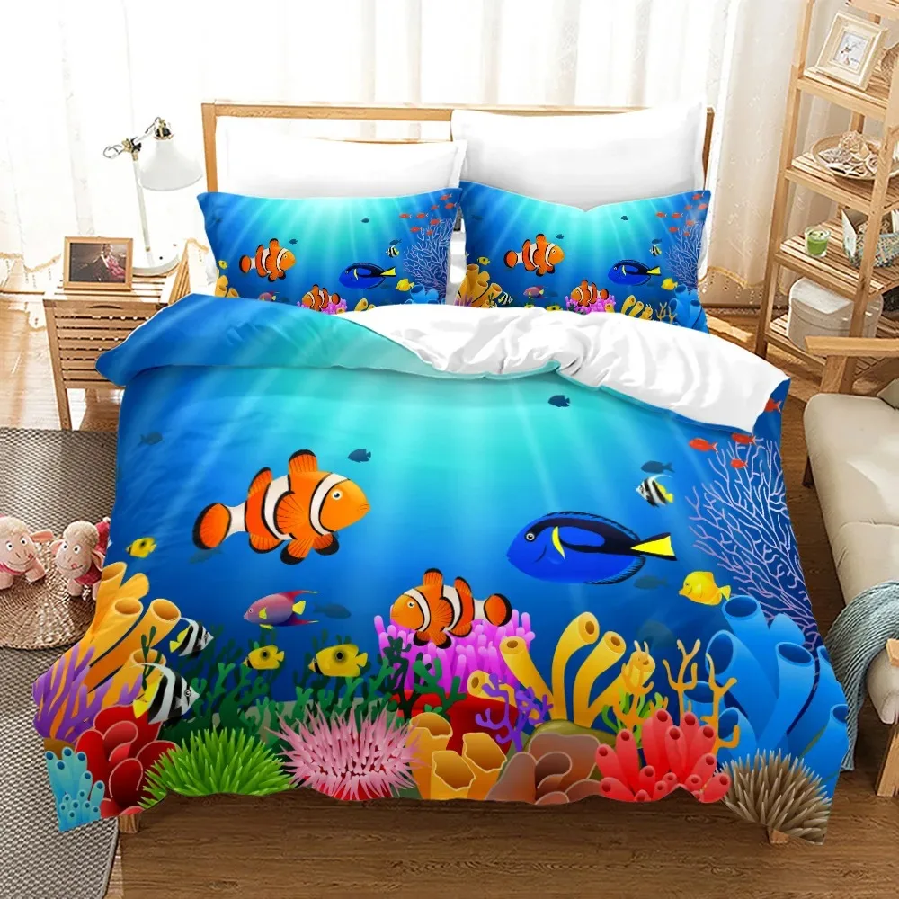 Ocean Duvet Cover Set Polyester Underwater World Clownfish Shark Quilt Sea Animal Theme Double Queen King Size Bedding