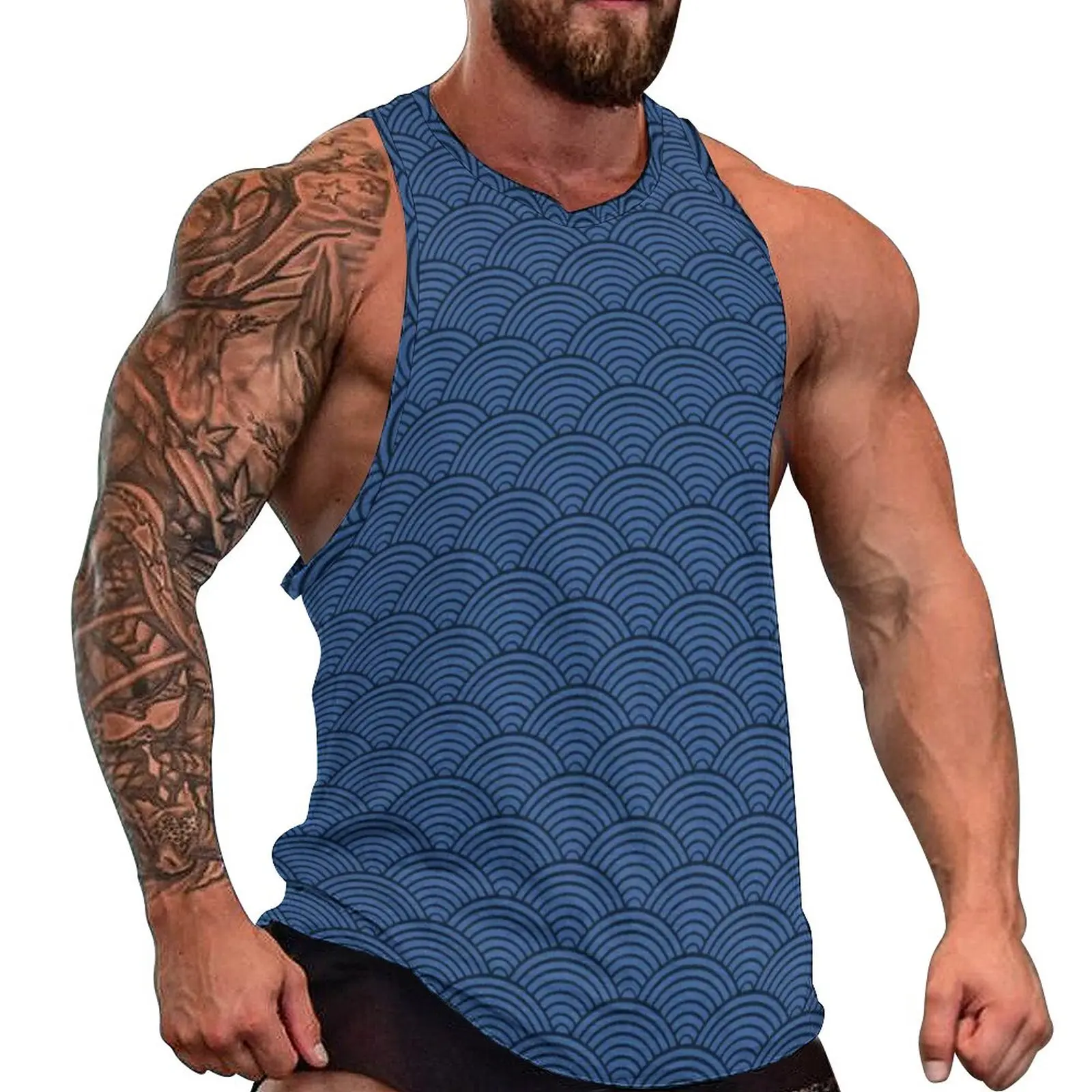 

Retro Blue Seigaiha Tank Top Man's Japanese Wave Pattern Vintage Tops Beach Workout Graphic Sleeveless Shirts Plus Size