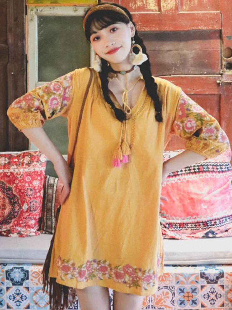 

Khalee Yose Floral Embroidery Mini Dress Boho Ethnic Chic Summer Holiday Women Dresses Sexy Casual Female Ladies Dress Vestidos