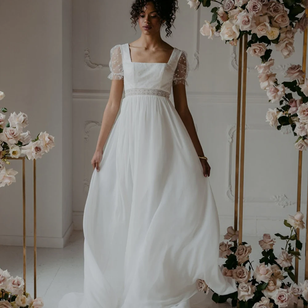 

Backless Wedding Dress For Bride 2022 Square Collar Short Sleeves Bridal Gowns Chiffon Floor-Length Vestido De Noiva Custom Made